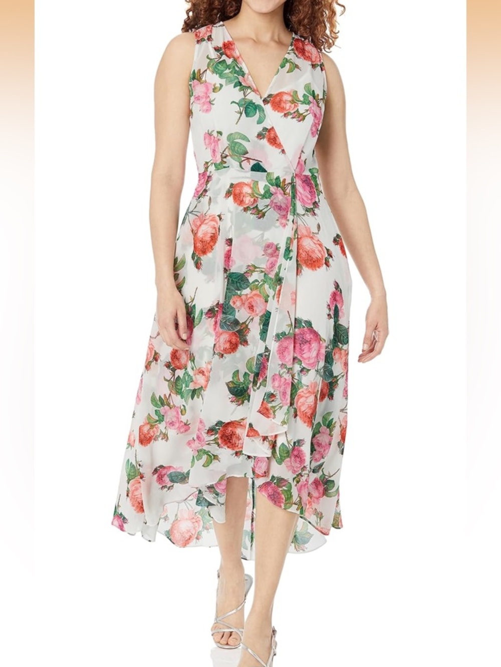 NWOT Calvin Klein White Floral High-Low Wrap Dress with Pink & Coral Peonies szS
